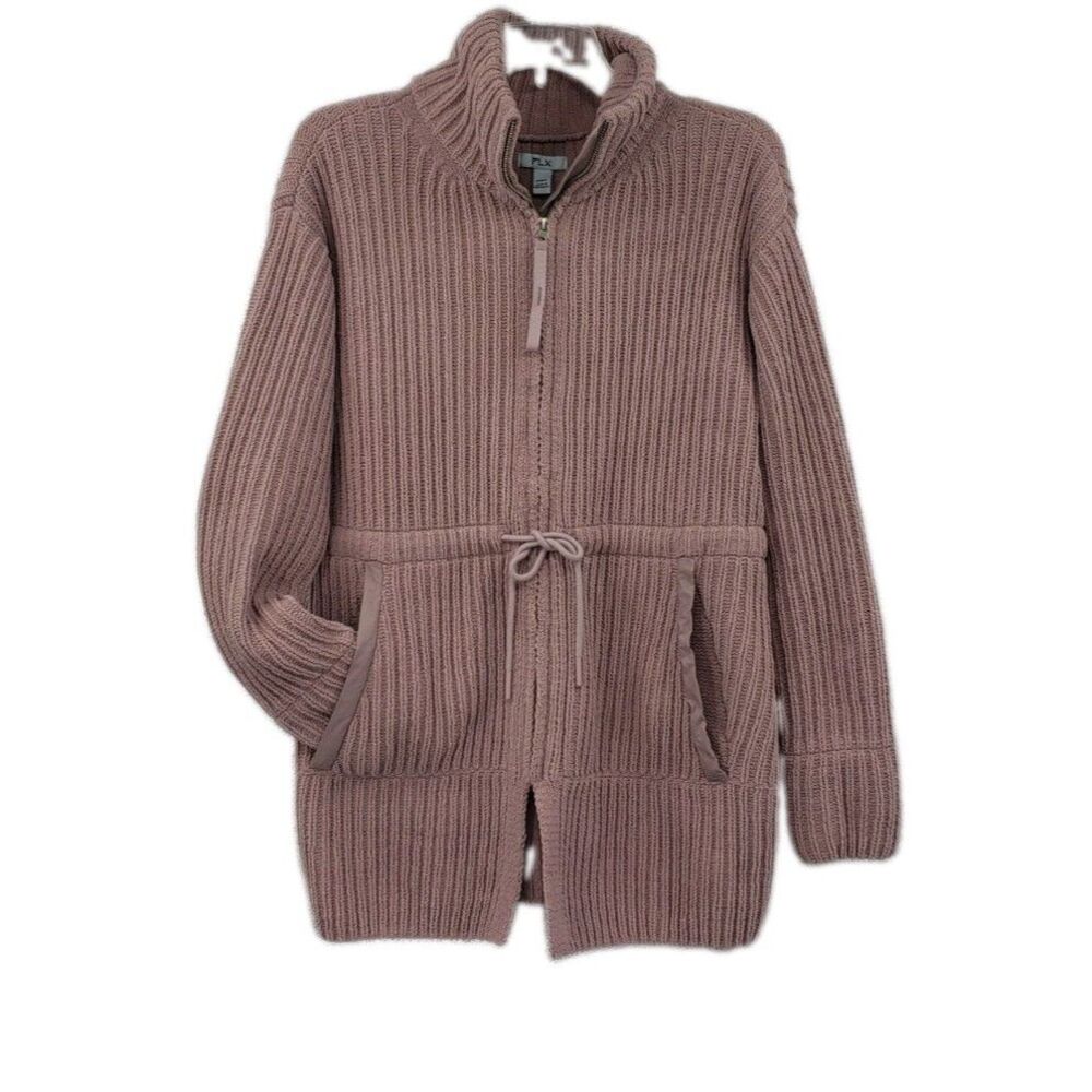 FLX Urban Commuter Cardigan Sz S Mauve Chenille Full Zip Ribbed Knit Cinch Waist
